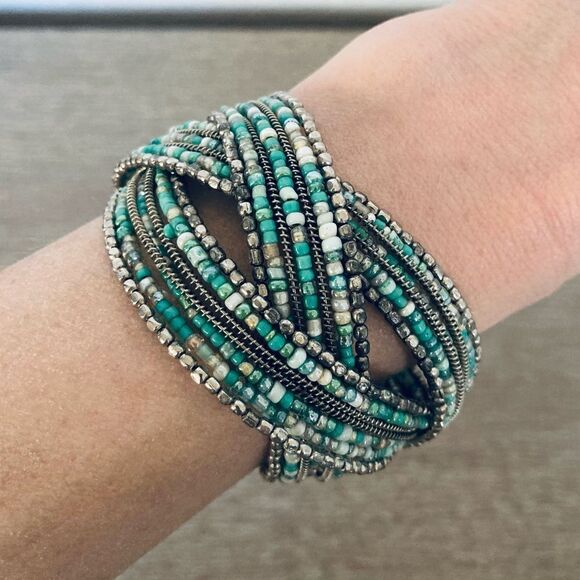 Boho Beaded Teal Cuff Bracelet - Picture 1 of 3
